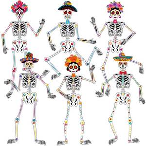 lot 3111 image: WinnerWhy 6 Pcs 51 Inches Large Halloween Jointed Skeletons Paper Cutout Day of The Dead Jointed Skeletons Hanging Decorations Dia De Los Muertos Party Supplies for Outdoor Mexico Sugar Skull Decor - Retail $17