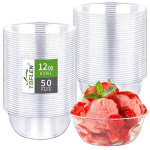 lot 3142 image: TOFLEN 12 oz Clear Plastic Bowls, 50 Pack Disposable Small Hard Plastic Serving Bowls for Party, Ice Cream, Dessert, Fruit, Appetizer, Soup, Snack, Home or Event Party Supplies - Retail $15