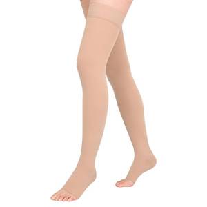 lot 3144 image: Athbavib 20-30mmHg Compression Stockings for Women and Men, Thigh High Open Toe Medical Graduated Compression Socks, Best Support for Treatment Varicose Veins Swelling (Beige,X-Large) - Retail $18