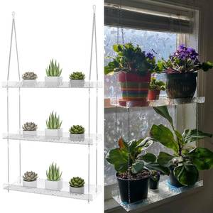 lot 3151 image: Sturdy Water-Ripple Window Plant Shelves, Clear Acrylic Window Plant Hanger, 3-Tier Adjustable Hanging Plant Stand for Indoor Windows Grow Succulents, Herbs, Flower - Retail $25