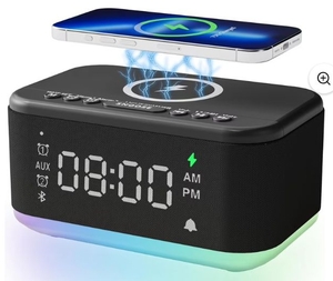 lot 3161 image: Fansbetech Digital Alarm Clock with Wireless Charging Station and Bluetooth Speaker - Retail $25