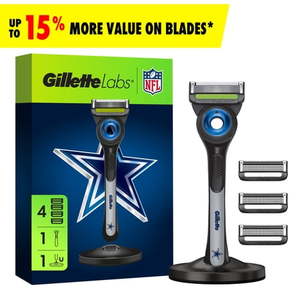lot 3165 image: Gillette Labs Official Cowboys Licensed Razor for Men  1 Handle  4 Blade Refills  with Magnetic Stand - Retail $30
