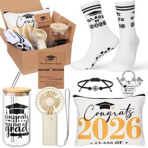 lot 3182 image: Hushee 7 Pcs Class of 2026 Graduation Gifts for Her Graduation Gift Box Set Include 16 oz Glass Cup with Lid Straw Makeup Bag Socks Portable Handheld Fan Keychain Woven Bracelet Gift Basket for Women - Retail $25