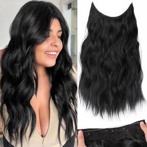 lot 3204 image: KooKaStyle Invisible Wire Hair Extensions with Transparent Headband Adjustable Size 4 Secure Clips Long Wavy Secret Wire Hairpiece for Women (16 Inch, Black1B#) - Retail $18