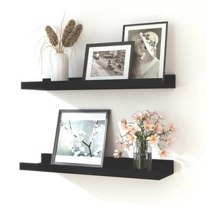 lot 3207 image: Solrot Black Floating Shelves for Wall Decor, Wall Mounted Wood Storage Shelf for Bedroom, Living Room, Bathroom, Kitchen, Nursery, Display Picture Ledge Shelf with Lip Set of 2-16 Inches, Black - Retail $16