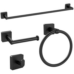 lot 3213 image: KLJKPA Black Bathroom Accessories Set, 24 inch Towel Racks for Bathroom, Stainless Steel Bathroom Hardware Set, Wall Mounted, 4-Piece - Retail $20