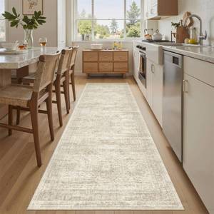 lot 3230 image: Soalmost Washable Runner Rug, 26 x 8 Non-Slip Kitchen Vintage Foldable Hallway Runners for Entryway, Laundry, Bedroom, Beige - Retail $30