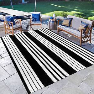 lot 3231 image: Tiveney Black and White Striped Rugs 4x6 Front Porch Rug Door Mats Outdoor Indoor Farmhouse Decor Washable Cotton Woven Patio Rugs for Bedroom Blacony Deck Backyard - Retail $40