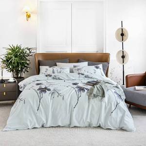 lot 3237 image: YuHeGuoJi Grey Floral Duvet Cover King 100% Egyptian Cotton 3 Pcs Set 1 Light Blue Botanical Duvet Cover with Zipper Ties 2 Pillowcases Garden Gray Plant Flower Bedding Set Soft - Retail $64