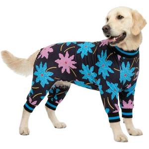 lot 3246 image: LovinPet Dog Recovery Bodysuit for Medium Dogs, Lightweight Stretchy Fabric, Black, Turquoise Leaf Print, XL Surgery Recovery PJs, Easy to Wear Adorable Bodysuit - Retail $28