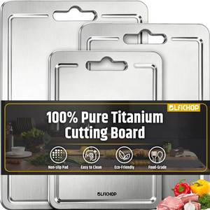 lot 3251 image: 3pcs 100% Pure Titanium Cutting Boards with Juice Groove, Double-Sided Non-Toxic Chopping Boards for kitchen Meat, Vegetables and Fruits, Dishwasher Safe, Grey(9x12  10x14  12x18) - Retail $90