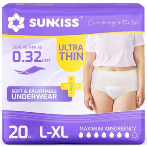 lot 3260 image: SUNKISS Ultra Thin Incontinence Underwear for Women, High Absorbency & Super Soft Postpartum Diapers, Disposable Adult Pull Ups, Unscented, LargeXLarge, 20 Count - Retail $17