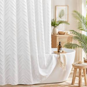 lot 3264 image: TURKIO White Boho Fabric Shower Curtain 72 x 72 Inches, Modern Shabby Chic Textured Tufted Chevron Striped Minimalist Cloth Bathroom Shower Curtain - Retail $25