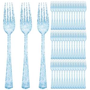 lot 3280 image: 100 Pcs Blue Plastic Forks Blue Glitter Silverware Heavy Duty Plastic Utensils Disposable Cutlery Set for Brithday, Baby Shower, Picnic - Retail $13
