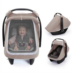 lot 3298 image: Blissful Diary Baby Car Seat Cover, Extra Large Mesh Window, Breathable Muslin Cotton, Infant Windproof Canopy, Agreeable Gray - Retail $16