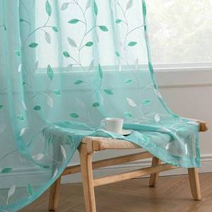 lot 3302 image: MIULEE Turquoise Sheer Curtains 2 Panels Embroidered Leaf Patterned Rod Pocket Floral Semi Sheer Faux Linen Window Curtains Drapes Set for Living Room Bedroom Dining Room, 52x84 Inches Long - Retail $27