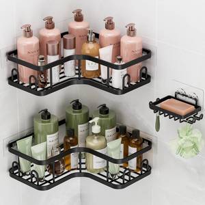 lot 3304 image: Veken Corner Adhesive Shower Caddy 3-Pack with Soap Holder&Hooks,No Drilling Shower Shelves,Rustproof & Waterproof Bathroom Organizers and Storage,Rack for Small Spaces, Kitchen&Rental-Friendly,Black - Retail $17