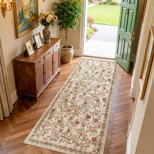 lot 3313 image: jinchan Eden Floral Washable Runner Rug 3x8 Entryway Rug Vintage Lightweight Soft Non-Slip Indoor Low Pile Distressed Red Green Carpet for Kitchen Hallway Bedroom Entrance Living Room Laundry Nursery - Retail $50