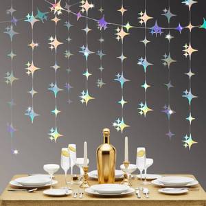 lot 3317 image: Affrolling 105 Feet Glitter Iridescent Four-Angle Star Paper Garland Banner Decor Twinkle Hanging Bunting Banner Backdrop for Birthday Wedding Graduation Disco 2026 Party Decorations - Retail $14