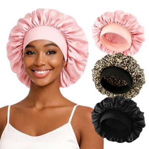 lot 3322 image: ZHENSILK 3PCS Silk Sleep Bonnet for Women, Large Satin Hair Caps with Elastic Band, Curly Hair Wrap for Sleeping, Frizz Protection (Black, Blush, Leopard Print) - Retail $8