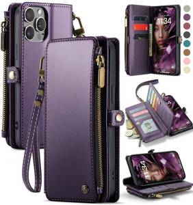 lot 3349 image: Defencase Compatible with iPhone 13 Pro Max Case Wallet with RFID Blocking Card Holder for Women Men, PU Leather Magnetic Snap Flip Zipper Strap Wallet Phone Case Fit for iPhone 13 Pro Max 6.7, Purple - Retail $25