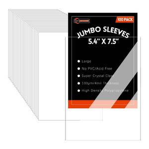 lot 3350 image: 100 Pack Jumbo Card Sleeves Size L (5.4x7.5) 4 Mil - Oversized Card Sleeves for Thick Trading Cards, Sports & Photos Storage, Exact Fit Plastic Sleeves with Snug Fit & Easy Insertion - Retail $14