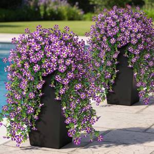 lot 3352 image: VIERENA 4 Bundles Artificial Hanging Morning Glory Flowers for Outdoor, Realistic Hanging Flowers Silk Fake Morning Glory with Faux Eucalyptus for Yard Garden Porch Patio Balcony Home Decor (Purple) - Retail $20