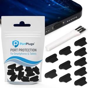 lot 3380 image: PortPlugs Anti Dust Plugs (10 Pack) - includes Charging Port Cleaning Brush - Flat Design Port Protector Cover - Compatible wiPhone 14, 13,12,11 & Air Pods - Black - Retail $7