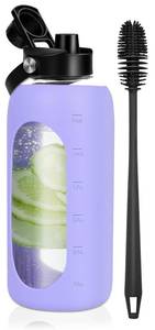 lot 3387 image: FULBEVY Glass Water Bottles 64 oz - Half Gallon Large Motivational Daily Water Intake Bottle Time Marker - Glass Water Bottle With Straw, Silicone Sleeve, Lid, Handle Spout (Purple) - Retail $29