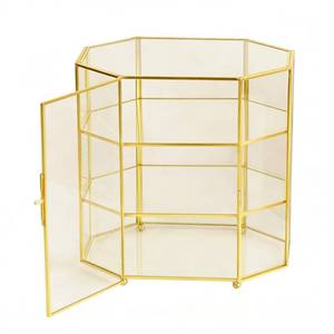 lot 3396 image: xieyaxie Elegant Glass Jewelry Display Box, 3-Tier with Gold Frame, Perfect Glass Case for Displaying Collectibles &amp Organizing Makeup, Multi-Functional Showcase - Retail $30
