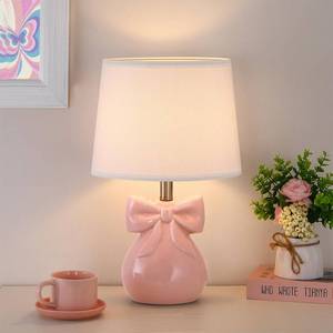 lot 3419 image: Hapcrea Pink Bow Table Lamp for Girls Room, 19 Ceramic Cute Lamp for Bedroom, Classic Bedside Lamp for Nightstand, Modern Table Lamp for Living Room with Rotary Swtich (Bulb Included) - Retail $50