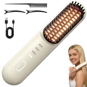 lot 3426 image: Go Brush Pro for Short Hair - 2026 Upgraded Cordless Hair Straightening Brush, 4 Temperature Settings, Fast Heat, MCH Ceramic Care, 4000mAh Rechargeable Straightener for Frizz-Free Styling Beige - Retail $33
