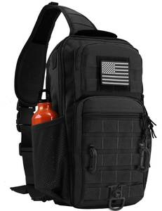 lot 3436 image: Rover Sling Pack Tactical Shoulder Sling Bag Backpack with Bottle Holder Crossbody Chest Bag, Black with Grey Patch - Retail $24