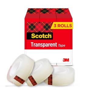 lot 3444 image: Scotch Transparent Tape, Clear Tape Engineered for Office and Home Use, 1 Inch Core 34 in x 1000 in, 3 Boxes - Retail $6