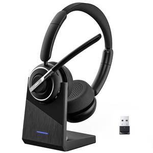 lot 3455 image: PrancyBt Upgraded Wireless Headset with Mic for Work, Bluetooth Headset with Noise Canceling Microphone with Dongle, Charging Base & Mic Mute, Wireless Headphones for Work from HomePCComputer - Retail $58
