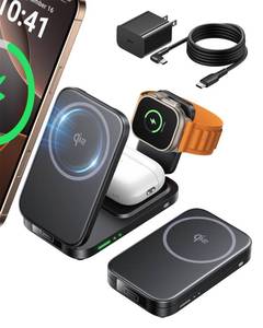 lot 3459 image: INIU 3 in 1 Foldable Wireless Charging Station, Original Qi2 Certified 15W Fast Mag-Safe Charger Stand for iPhone 17 16 15 14 13 12, Apple Watch, AirPods, Ideal for Travel Office Desk Accessories - Retail $36