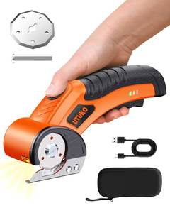 lot 3462 image: UTUKO Electric Cardboard Cutter&nbsp Upgraded High-Power 800RPM Brushless Motor, 3500mAh Cordless Rechargeable Electric Scissors, Heavy Duty Box Cutter for Cardboard, Carton Mat Cutter Blades orange - Retail $34
