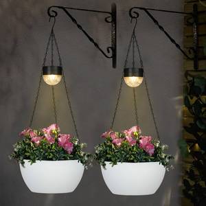 lot 3468 image: SUNNYPARK 2 Packs Hanging Planters Basket for Outdoor Plants, Solar Powered Self Watering White Round Plastic Flower Pots with Drainer for Balcony Patio Garden Outdoor Decoration - Retail $35