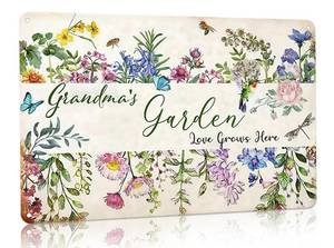 lot 3478 image: Bestylez Gardening Gifts Vintage Gardening Signs Grandmas Garden Love Grows Here Tin Sign for Home Garden Greenhouse Living Room Bedroom Yard Cottage Outdoor Decor 8X12 Inch (3356) - Retail $8