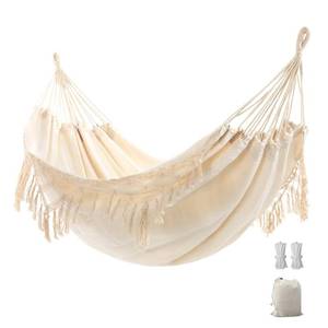 lot 3492 image: Double Boho Macrame Hammock with Elegant Tassels for Patio, Yard, Beach Wedding Decor, Outdoor and Indoor Up to 450lbs Include Tie Ropes and Drawstring Bag - Retail $33