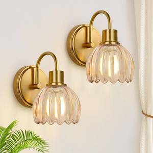 lot 3518 image: Meybiok 2-Pack Brushed Gold Bathroom Vanity Light, Single-Head Wall Sconce with Ribbed Amber Tulip Glass Shade, Vintage Bathroom Light Fixtures for Bedroom, Hallway & Bedside (Bulbs Not Included) - Retail $46