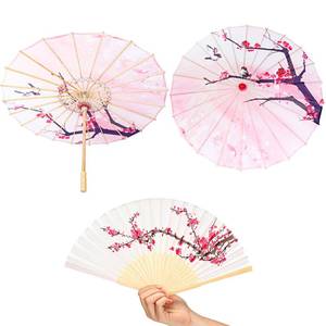 lot 3534 image: Xuniea 2 Pcs Cherry Blossom Decor Set Including 22 Inches Chinese Japanese Oiled Paper Umbrella and 8.3 Inches Foldable Handheld Silk Folding Hand Fan for Wedding Birthday Party Favor Decoration&nbsp&nbsp