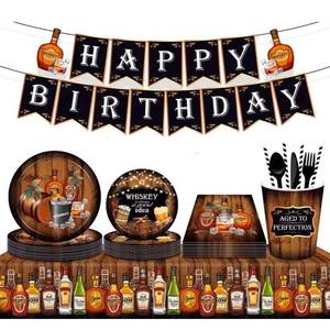 lot 3537 image: Whisky Happy Birthay Party Supplies,Whisky Theme Birthay Party Tableware Set Including Paper Plates Napkins Tablecovers Cups Straws Serves 20 Guests - Retail $20
