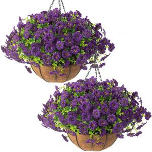 Hananona 2 Set Artificial Outdoor Flowers with Hanging Basket, 2 Hanging Planters with 24 Pcs Flowers for Spring Summer Front Porch Garden Patio Home Decor (2, Purple) - Retail: $45