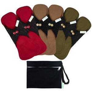 lot 3540 image: wegreeco 6 Pcs Reusable Menstrual Pads, Ultra Absorbent Cloth Pads for Heavy Flow, Sanitary for Teens, Women, Nonslip Panty Liners  Bag (Aqua, Burgundy, Coffee, M) - Retail $20