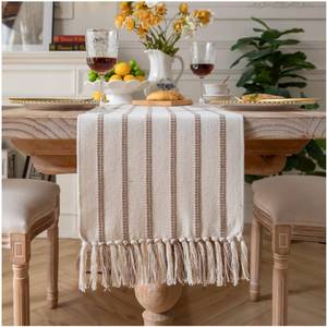 lot 3610 image: Caflife Boho Table Runner 108 Inchs Long Taupe and Beige, Cotton and Linen Woven with Tassels, for Modern Rustic Farmhouse Neutral Table Runners, Bohemian Kitchen Dining Table Home Decor - Retail $23
