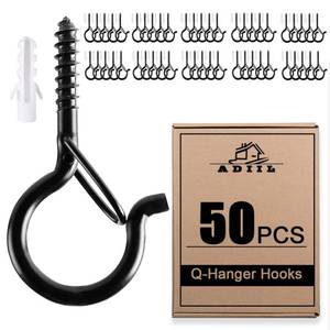 lot 3611 image: ADIIL 50 PCS Q Hanger Hooks with Safety Buckle, Windproof Screw Hooks for Hanging Outdoor String Lights, Plants, Christmas Patio Lights, 2.2 Inches, Black - Retail $29