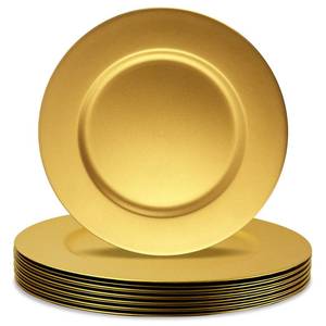 lot 3614 image: Cheardia 12 Pack Plastic Gold Charger Plates, 13 Inch Round Decorative Serving Dinner Charger Plate Bulk for Wedding, Catering, Parties, Restaurant, Home - Retail $28