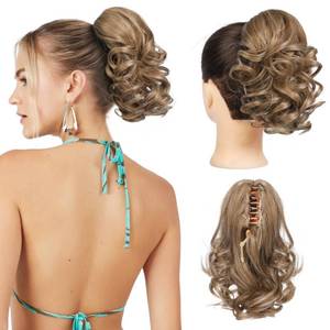 lot 3620 image: REECHO 9 Short Ponytail Extension, Classic Loose Curly Wavy Claw Clip Pony tails Hair Extensions HP001 Hairpieces for Women - Light Golden Brown&nbsp