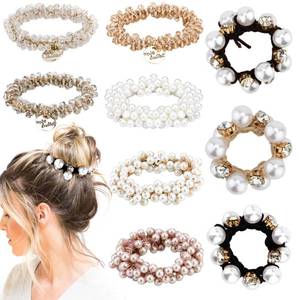 lot 3638 image: Ahoney 9Pcs Pearl Hair Ties Elastic Hair Scrunchies Hold Crystal Beads Bulk Hair Ropes Stretchy Handmade Boho Bride Bachelorette Party Hair Accessories for Women Girls (Pearl&ampCrystal)&nbsp